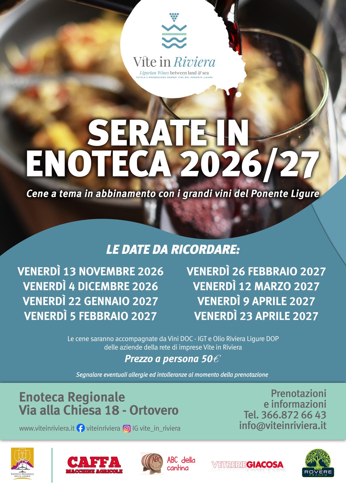 Manifesto delle Serate in Enoteca 2026/27 all'Enoteca Regionale di Ortovero, con le otto date da novembre ad aprile